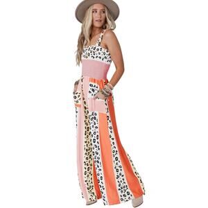 Pink Leopard Color Block Mix Print Pocketed Sleeveless  Jumpsuit New Sizes M-XL